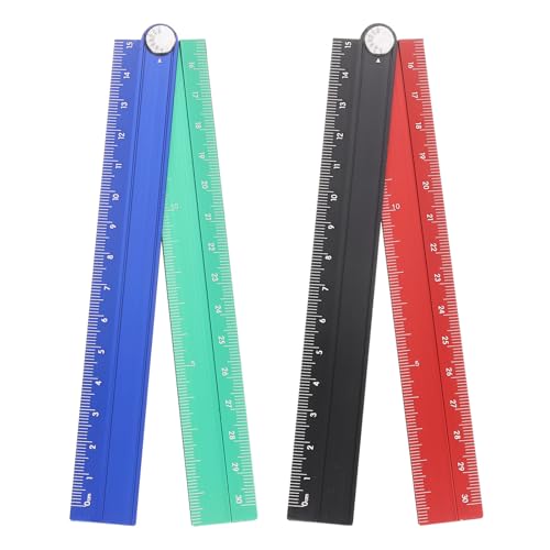 sourcing map 2pcs Folding Straight Ruler 30cm Metric Aluminum Alloy Protractor Foldable Angle Ruler Geometric Measuring Tool with Angle Line for Architects Artists Office, Black Red/Blue Green