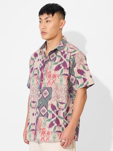 Image of The Souled Store Ikat Soul Men and Boys Short Sleeves Collared Neck Button Front Multicolor All Over Printed Cotton Linen Holiday Shirts