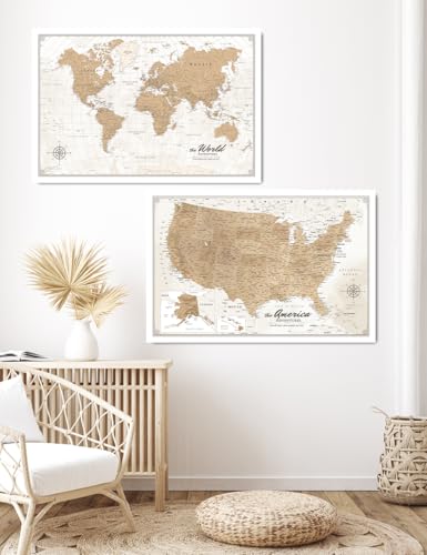 Image of IPIC - World and USA Map Canvas Wall Art, Oversized Travel Map Prints for Office, Home, Study and RV, Push Pin Board Decor for Travel Lovers, Ready to Hang