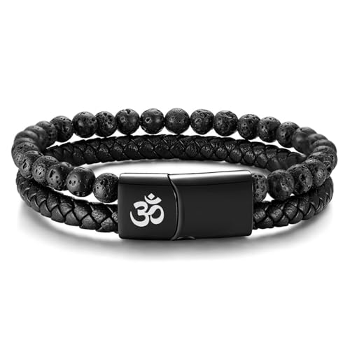 MEALGUET Men's Lava Rock Bracelet Healing Balancing Braided Leather Bracelets with Magnetic Clasp, 2 Layered Symbol Cuff Bracelets, 8.4
