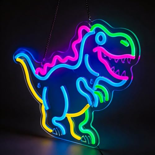 Image of Kids Dinosaur Neon Light - Dimmable LED Decor for Children's Bedroom, Dinosaur Birthday Party Decor, Gift for Boys & Girls Age 5-12, 15x12.4 inch USB Powered