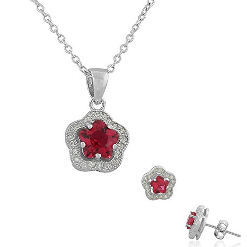 My Daily Styles 925 Sterling Silver White CZ Flower Charm Pendant Necklace & Stud Earrings Set Pink Clover Set