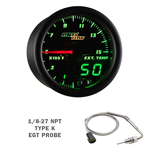Maxtow Double Vision Diesel Truck Gauge Kit Set - 60 Psi Boost - 1500 F Pyrometer Exhaust Gas Temp Egt - Transmission Temperature - Black & Green Led Dial - Analog & Digital Readouts - 2-1/16" 52Mm #TOP2