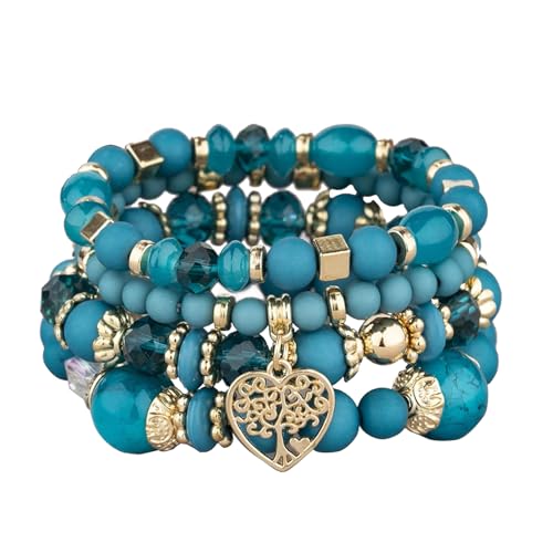 XSDSLS 4 Stück Boho Kristall Perlen Armband,Lebensbaum Perlen Armband,Mehrschichtiges Kristall Perlenarmbänder,Elastische Kristall Armband,Geschenke für Frauen und Männer (Kobaltblau)
