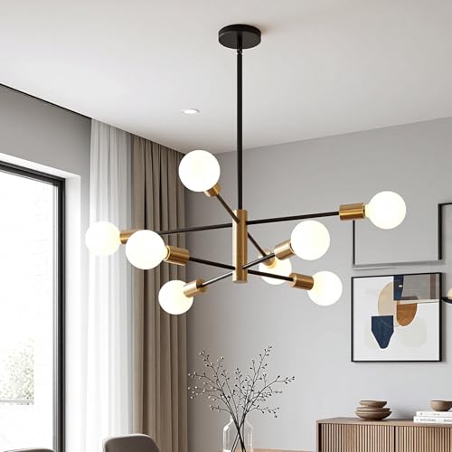 USOR Sputnik Chandelier 8-Light Modern Ceiling Light Black Goble Sputnik Chandeliers Adjustable Height Pendant Lighting Fixture for Kitchen Living Room Dining Room Bedroom Bulbs Included