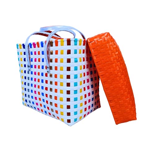Image of Hand Made Multipurpose Plastic Basket with Lid | Eco-Friendly, Washable, Rust-Free Storage Basket for Kitchen, Picnic, Toys, Travel, Office | Lightweight basket (White with Orange, M)
