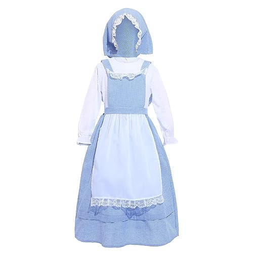 Lito Angels Disfraz Vestido de Medieval Colonial Pionero Guinga Cuadros Azul con Delantal Blanco y Sombrero Gorro para Niñas Pequeñas Talla 3-4 años (Número de etiqueta XXS)