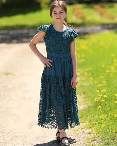 Rolanko Girls Boho Lace Dresses, Ruffle Sleeve Tiered Flower Girl Maxi Dress with Lining for Wedding Party2