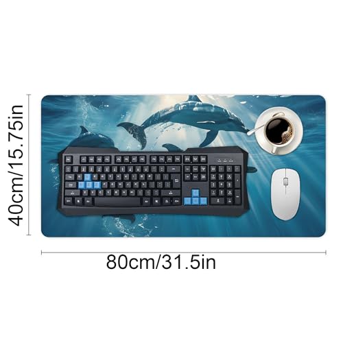 Image of Dolphin Animal Ocean Extended Gaming Mouse Pad, with Stitched Edges Large Mouse Pad Desk Protector, Rubber Base Mousepad Keyboard Mouses Mat for Work Game Office Home 32 inchX16 inch,E316