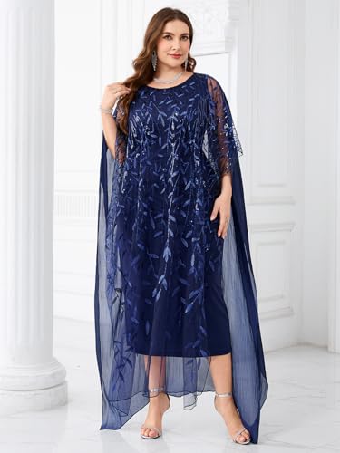Image of Plus Size Sparkly Formal Evening Gown Sequin Cape Overlay Mother of Bride Dress Wedding Guest Cocktail Party