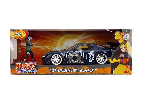 Jada Naruto 1:24 1993 Mazda RX-7 Die-Cast Car y Figura Kakashi 2.75" miniatura 2