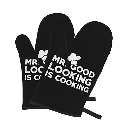 SuQKXCo MR.Good Looking is Cooking Funny Oven Mitts 1 Pair High Heat Resistant Waterproof Mittens Soft Cotton Lining and Non-Slip Surface Safe for BBQ Cooking Set Baking Grilling Barbecue
