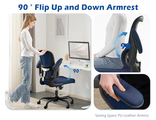 Image of TRALT Ergonomic Office Chair - Desk Chair with Adjustable Lumbar Support Computer Chair - Mesh Comfy Chair with Flip-up Armrests - Gaming Chairs for Adults Home Office (PU Leather, Navy Blue)