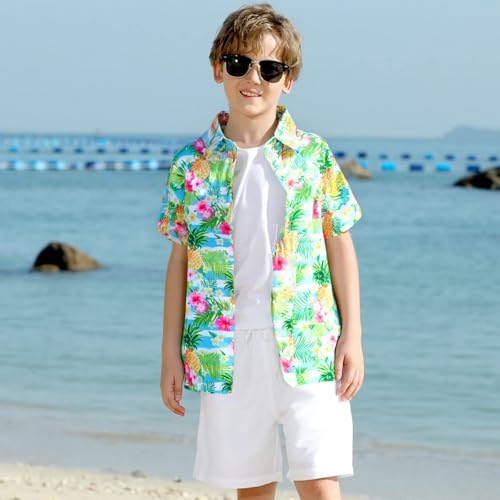 Image of Boy Girl Hawaiian Shirt Tropical Button Down Blouse Summer Casual Beach Shirt Kid Short Sleeve Top Size 5-14 Years