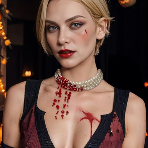 Crysdue Halloween Dripping Blood Vampire Choker Necklace Gothic Simulated Pearl Necklace for Party Prom Costume Jewelry3