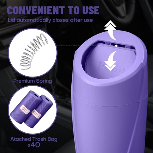 Image of Car Trash Can Bin with Lid-2 Packs Car Garbage Can Cup Holder-Purple Mini Leakproof Vehicle Garbage Bin with 40pcs Trash Bags-Automotive Organizers and Storage for Front Back Seat Accessories