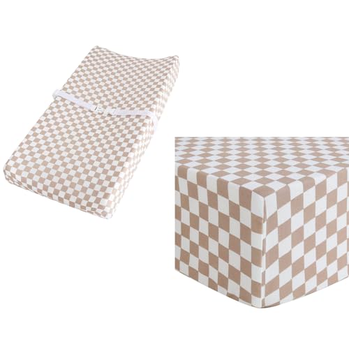 Image of LifeTree Muslin Crib Sheets and Changing Pad Covers Fitted, Checkered Pattern, 70% Viscose from Bamboo and 30% Cotton Fabric