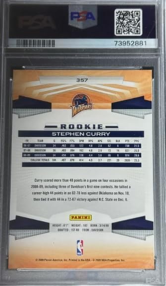 2009-10 Panini Steph Stephen Curry Graded PSA 9 MINT NBA Basketball Rookie Card #357
