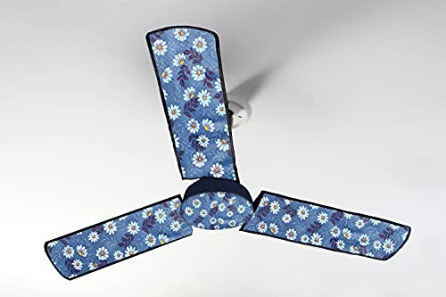 Image of Stylista Waterproof & Dustproof Three Blade Ceiling Fan Cover with attachable Enclosure Set of 4 Fan Covers Floral Pattern Blueish Grey
