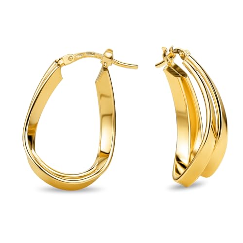 Miore Pendientes Mujer de Plata de Ley 925 Bañados en Oro de 18K 750, Grandes Aros Torcidos Ovalados Brillantes en Oro de 20 mm, Hechos a Mano en Italia, Joyas Dorados con Joyero