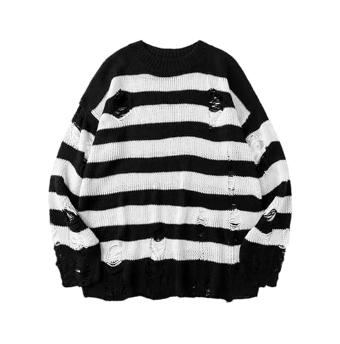 Men's Striped Punk Knit Pullover - Hollow-Out Loose Large Size Harajuku Streetwear Jumper