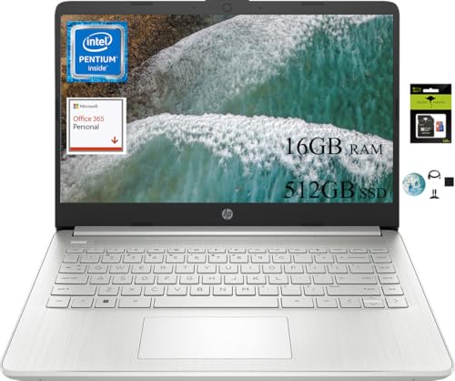 HP 14 HD Portable Laptop Computer Students Business, Quad-Core Intel Pentium N5030 Processor, 16GB RAM, 512GB SSD, HDMI, Win 11 S w/GM Accessories, Natural Silver