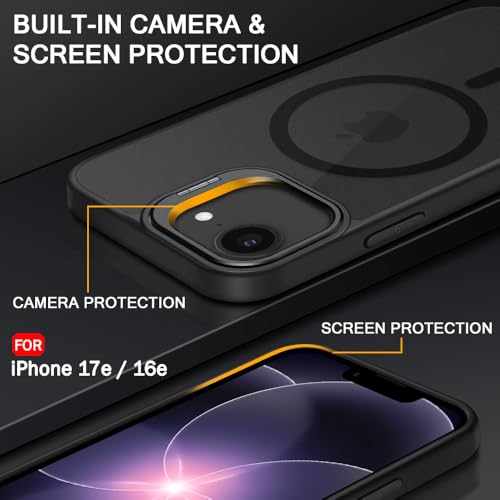 Image of TheGiftKart for iPhone 16e / iPhone 17e Case, Matte Frosted Hard Back Cover Compatible with MagSafe, Built-in Stand, Hybrid Shockproof Back Cover Case (PC & TPU, Translucent Black)