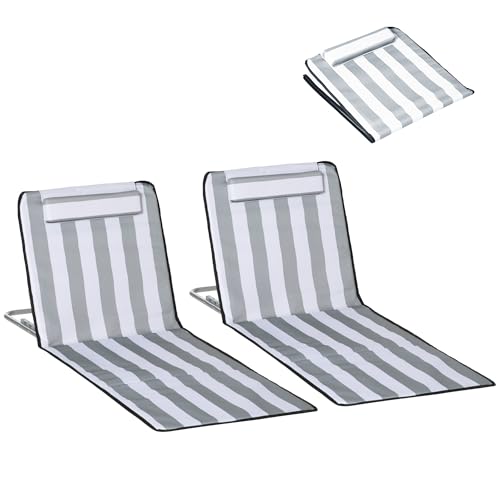 Outsunny Conjunto de 2 Esterillas de Playa Plegables, Esterillas con Respaldo Reclinable en 5 Niveles, Reposacabezas y Bolsa de Transporte, 134x48x33-43 cm, Rayas Blanco y Gris