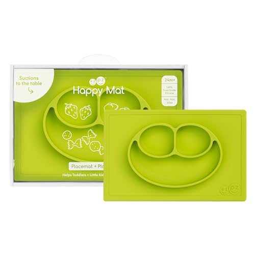 Image of ezpz Happy Mat - 24 Months+ (Lime) - 100% Silicone Suction Plate with Built-in Placemat for Toddlers + Preschoolers - Divided Toddler Plates - Toddler Essentials…