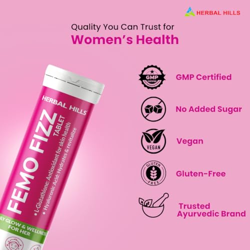 Image of Herbal Hills Femo Fizz Women's Daily Fitness Effervescent Tablet with L-Glutathione & Hyaluronic Acid for Glowing Skin - 15 Effervescent Tablets (Pack of 1)