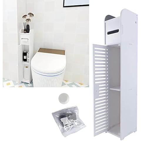 Wooden Free Floor Standing Toilet Roll Tissue Paper Cabinet Bathroom Organiser Storage Cupboard Cabinet with Doors and Shelves, Thin Toilet Vanity Cabinet, Narrow Organizer Shelf Paper Holder White Cover