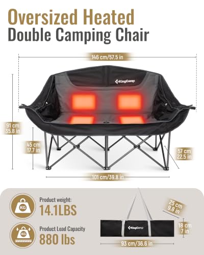 Image of KingCamp Heated Double Camping Chair, Oversized 880lbs Heavy Duty Loveseat for Adults Portable Folding XL 2 Person Couch Padded Comfortable with 3 Heat Levels for Outdoor Sports Lawn, Black /Grey