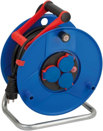 Brennenstuhl Garant enrollacables con cable BREMAXX® de 50 m y 3 tomas de corriente (para exteriores, IP 44, termostato, Made in Germany) azul