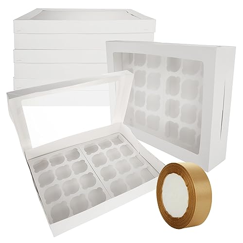 JMIATRY 10 Pcs Cupcake Boxes 24 Hole Cupcake Boxes with Window Inserts and Ribbons White 24 Cupcake Box for Cupcakes and Muffins 43x31x9cm