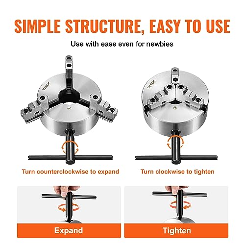 VEVOR 3-Jaw Lathe Chuck, 10'', Self-Centering Lathe Chuck, 0.24-9.84 in/6-250 mm Clamping Range with T-key Fixing Screws Hexagon Wrench, for Lathe 3D Printer Machining Center Milling Drilling Machine by VEVOR - Image 5