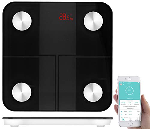 newgen medicals Körperfettwaage: 14in1-Körperanalysewaage aus Glas, Bluetooth, App, Nutzer-Erkennung (Badezimmerwaage, Körperwaagen, Senioren Handy)
