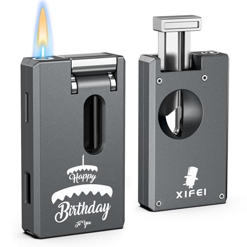XIFEI Cigar Torch Lighter, Windproof Adjustable Jet Soft Flame, Built-in Cigar Punch, V Cut Cigar Cutter, Personalized Refillable Butane Lighters, Creative Birthday Gift for Cigar Lovers