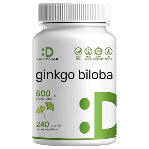 DEAL SUPPLEMENT Ginkgo Biloba 500mg Per Serving, 240 Capsules, 4 Month Supply – Grown in Northern Asia – Extra Strength, Promotes Brain Function