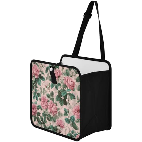 Image of Car Trash Can Organizer Bin with Adjustable Strap for Back Front Seat Console Waterproof Leakproof Collapsible Portable 11 Inch Pink Vintage Roses with Leaves