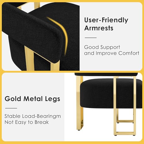 Image of Boucle Dining Chairs Set 2, Black Upholstered Accent Armchairs, Gold Legs