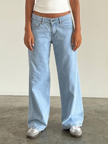 Women Straight Wide Leg Jeans Low Waist Zipper Button Solid Boyfriend Denim Pants with Pockets Streetwearear3