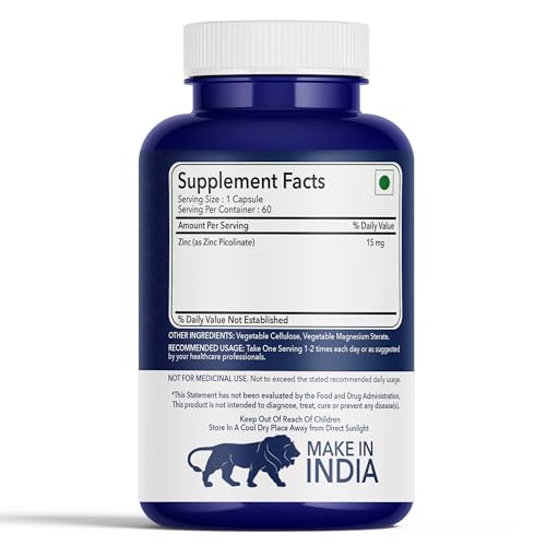 Image of Zinc Picolinate 15mg - High Absorption Zinc Supplement for Immune Support | Skin Health, Hair & Metabolism | Promotes Cellular Health - 60 Vegetarian Capsules