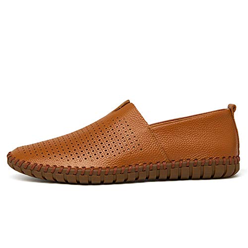 Loafer for Men Round Toe Pull On Lychee Pattern Hand Stitching Pull Tap Anti Slip Genuine Leather Rubber Sole(Hollow Brown,10 M US)2