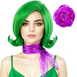 PRAABDC Short Green Bob Wigs with Scarf for Adults Halloween Party Costume Anime Cosplay, Women Green Costume Wig