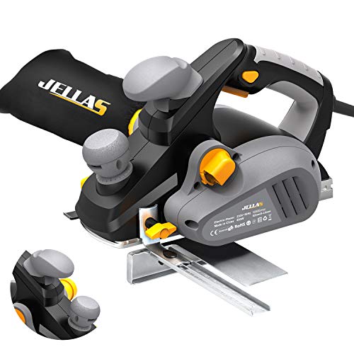 JELLAS Planer, 16,500rpm Electric Planer with 82mm Width and 3mm Depth, Kickstand, 2 Rubber Belt and Carbon Brushes, 850W Electric Planer with Parallel Fence Bracket and Dust Bag, RP-EP01-1