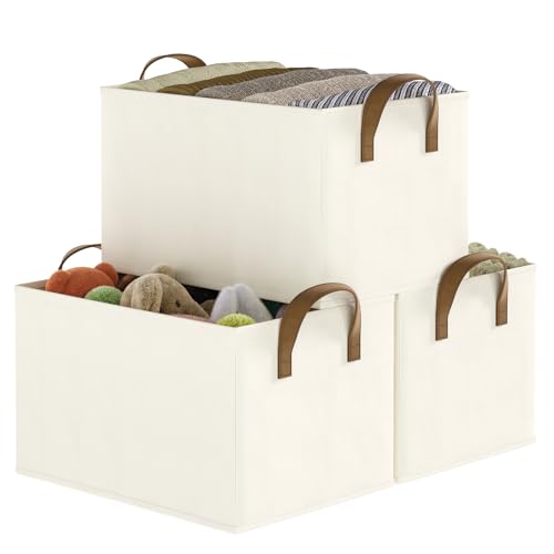 Closet Storage Bins, Fabric Closet Organizers and Storage Basket for Shelves, Collapsible Shelf Baskets for Organizing Shelves, Bedroom Clothes Basket, Beige, 3 Pack