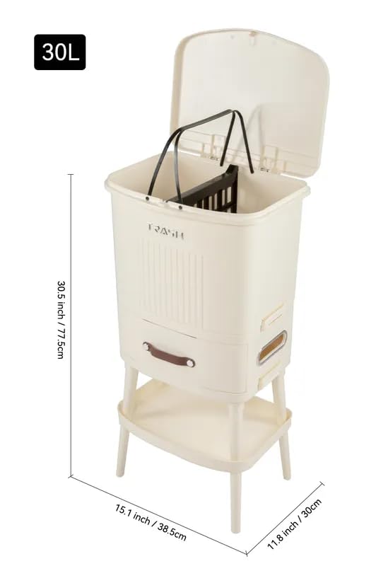 MIXEN 8 Gal Kitchen Trash Can with Lid, Large-Capacity Three-Layer Sorting Trash Bin with Removable Inner Bucket, Vertical Trash Can with Drawer&Tissue Holder, Waste Container with Leg 4