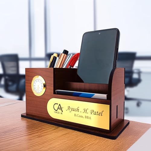 Image of AJANTA ROYAL Elegant Desktop Organizer with Clock, Pen Stand & Phone Holder & Personalized Name Tag, A unique corporate gift. (Brown)
