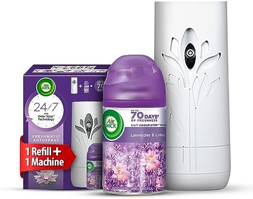 Air Wick 250 ml - Lavender & Lotus, Refill + Automatic Spray| Freshmatic Air Freshener Kit | 2600 Sprays Guaranteed | Automatic Room Freshener, Bathroom Freshener and Room Spray