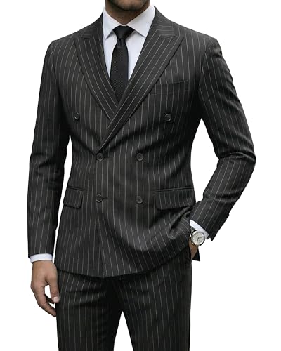 YND Men's 2 Piece Double-Breasted Suit, Slim Fit Stripe Tuxedo Set with Tie, Party Wedding Dress Blazer, Tux and Trousers, Black